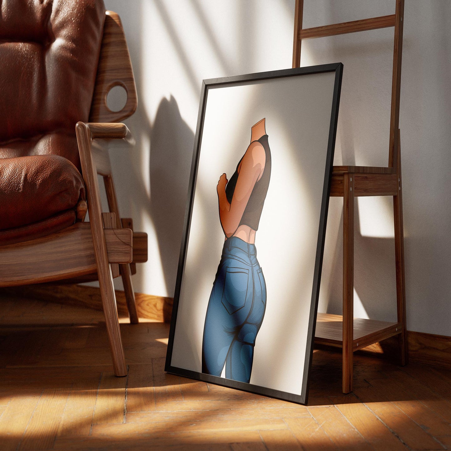 Digital artwork of a figure in blue denim jeans and a sleeveless top, emphasizing realism and style.