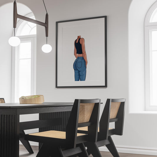 Baked Art Jeans Denim Model 62 artwork in stylish pose wearing denim jeans and black sleeveless top.