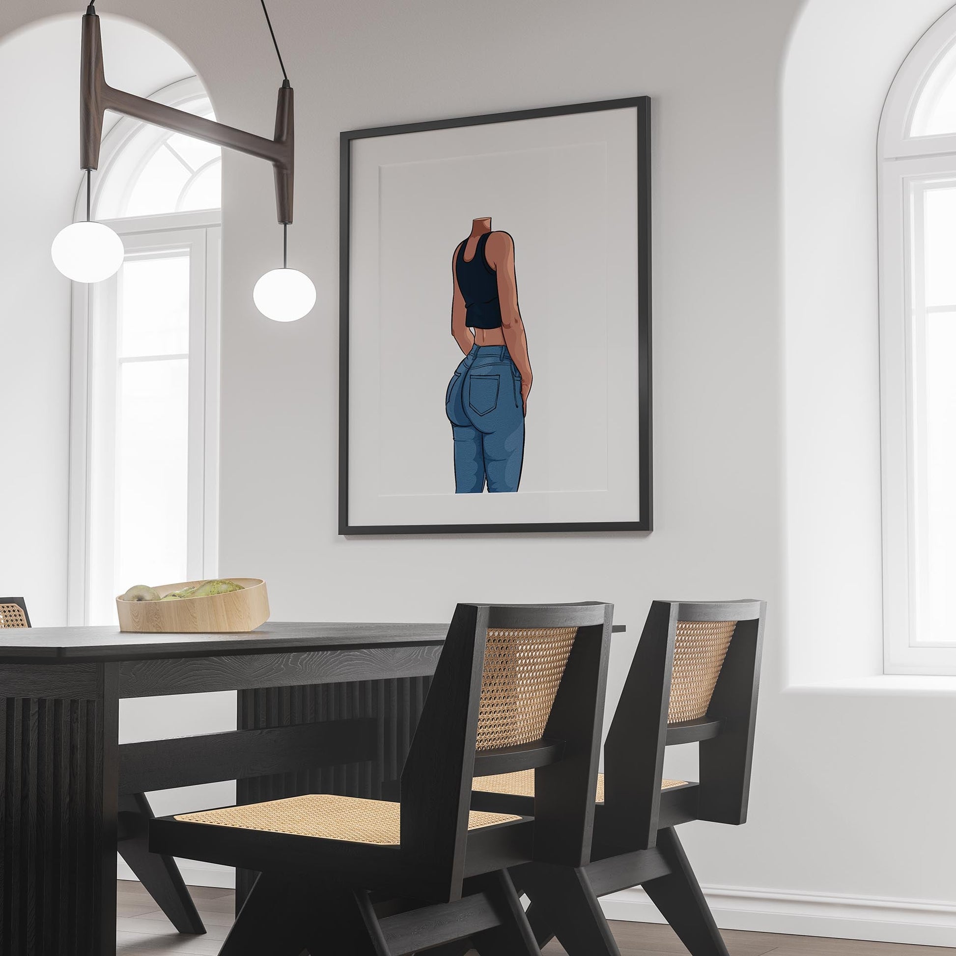 Baked Art Jeans Denim Model 62 artwork in stylish pose wearing denim jeans and black sleeveless top.