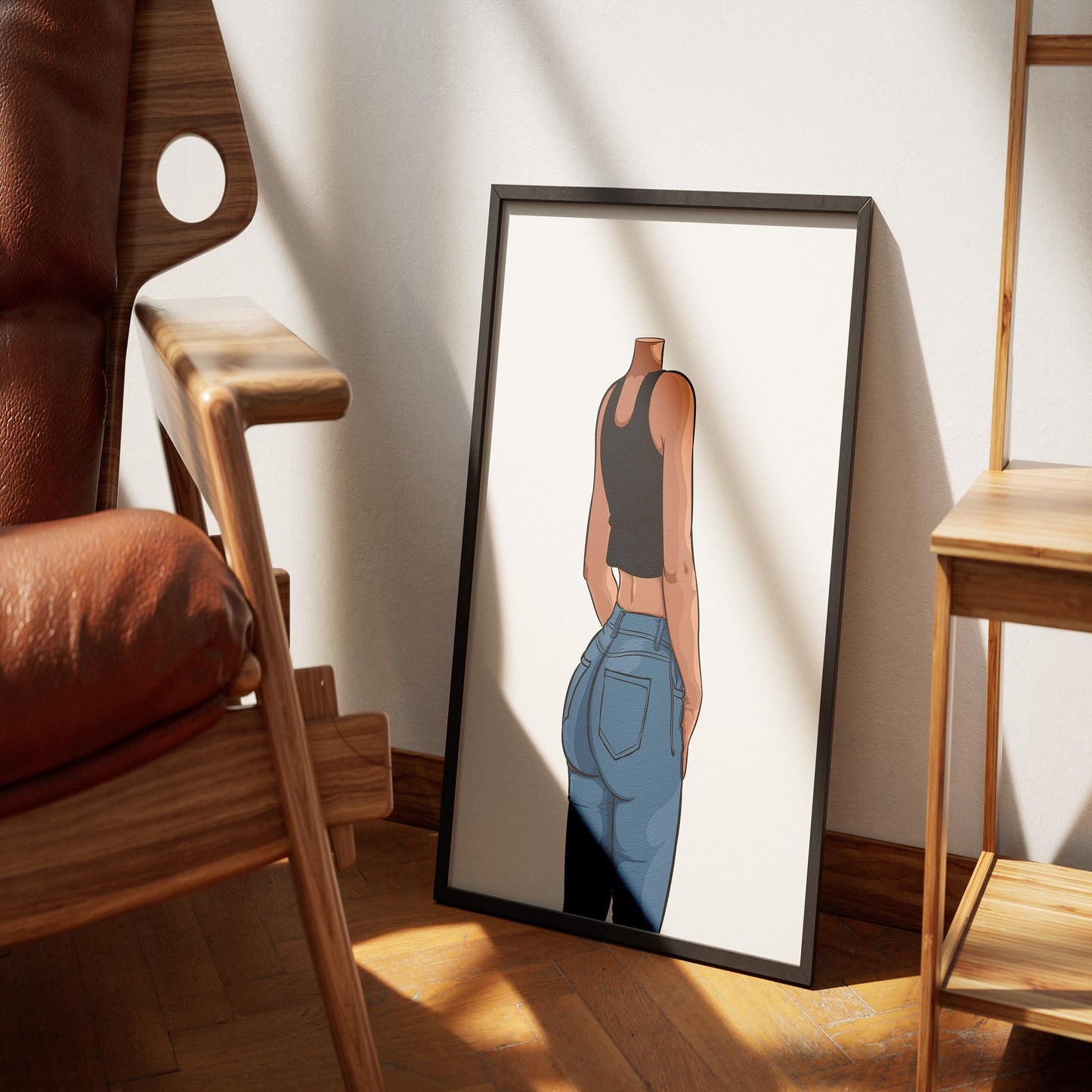 Digital art of a figure in blue jeans and black sleeveless top in a frame.