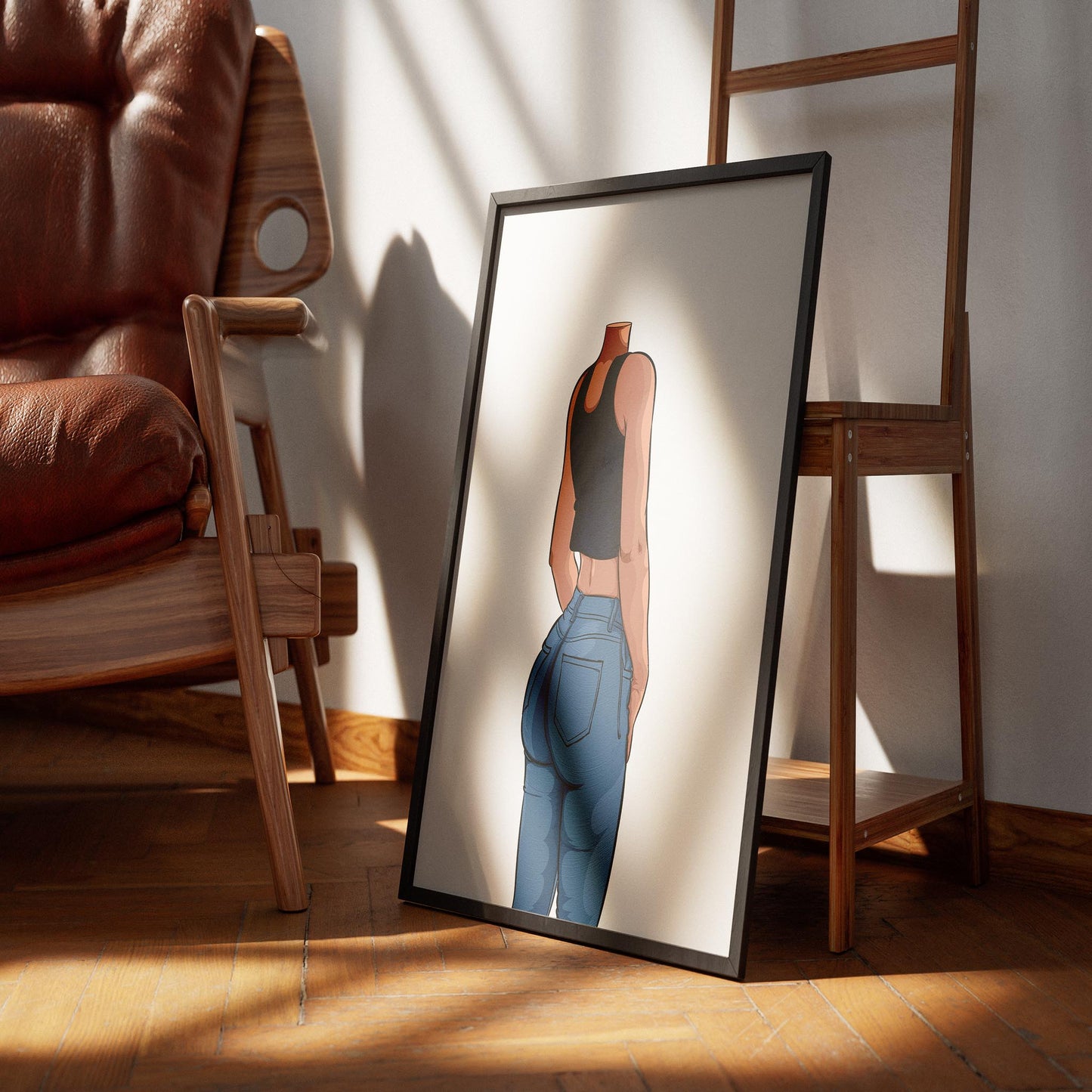 Artwork of figure in black top and blue jeans, Baked Art - Jeans Denim Model 62, highlighting fabric texture and shading.