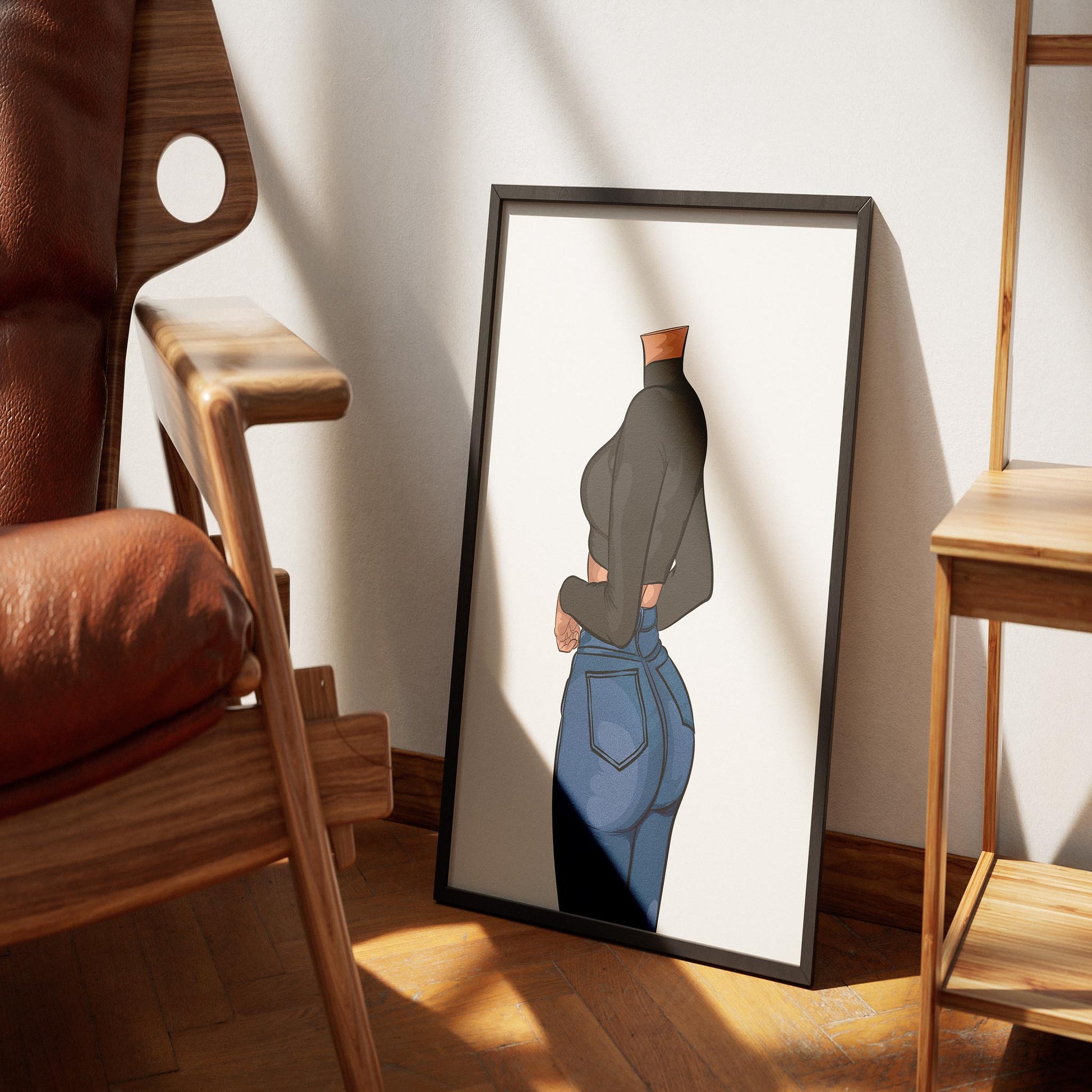 High-waisted blue denim jeans with a black crop top art in a frame, highlighting Baked Art - Jeans Denim Model 63.