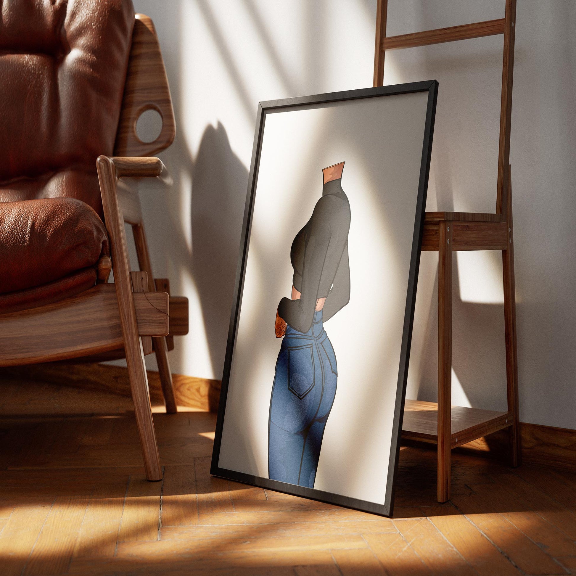 High-waisted blue denim jeans with black long-sleeve crop top in 'Baked Art - Jeans Denim Model 63' design.