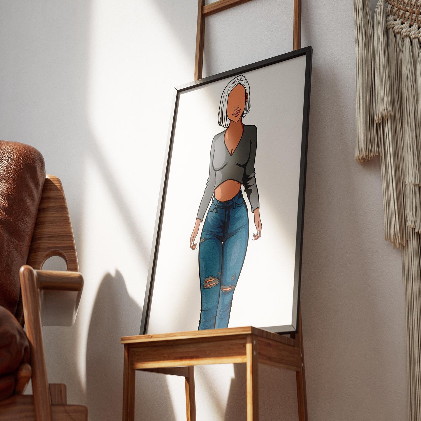 Framed digital artwork of a character in distressed high-waisted jeans and cropped top.