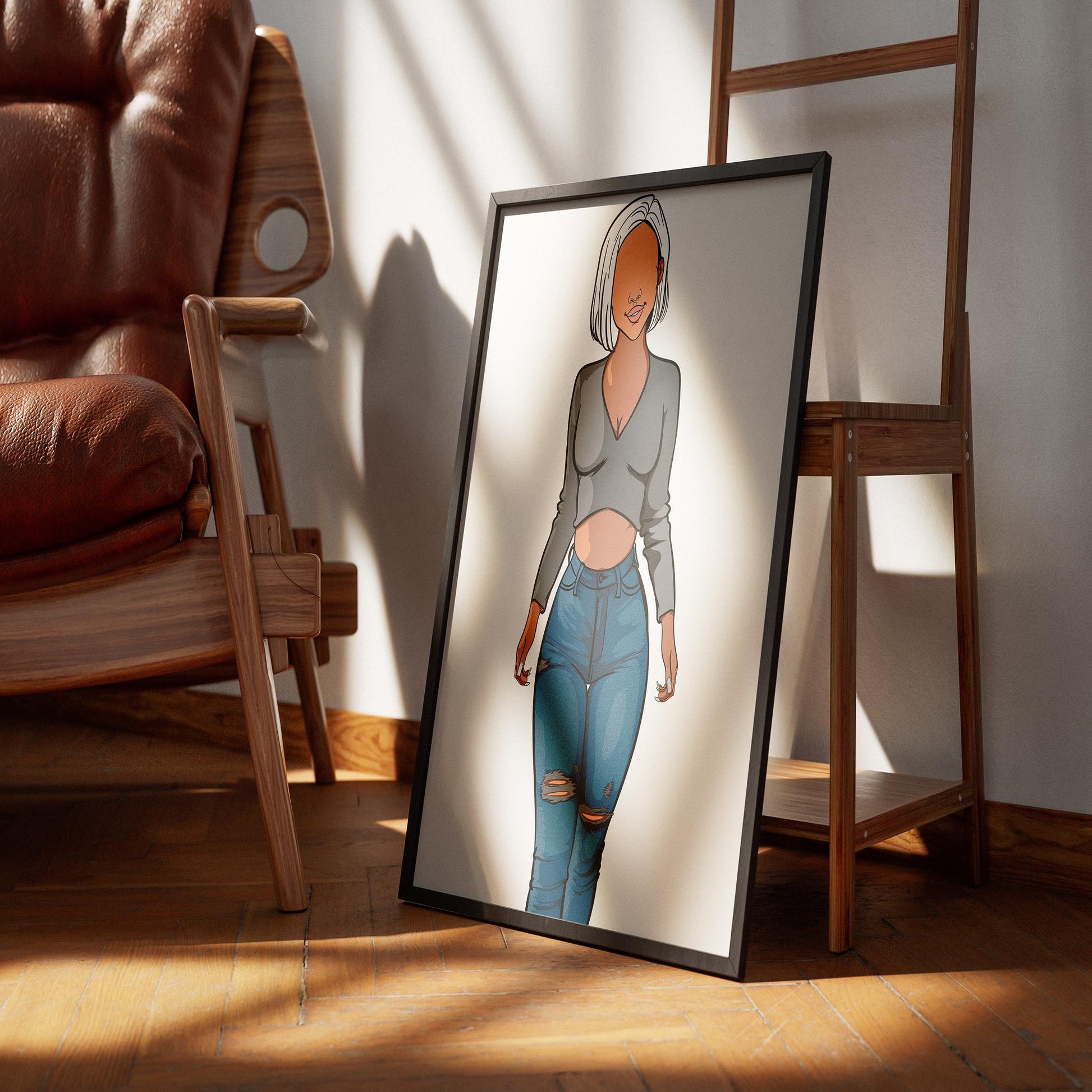 Character design in trendy fashion featuring ripped high-waisted jeans and cropped top, Baked Art - Jeans Denim Model 64.