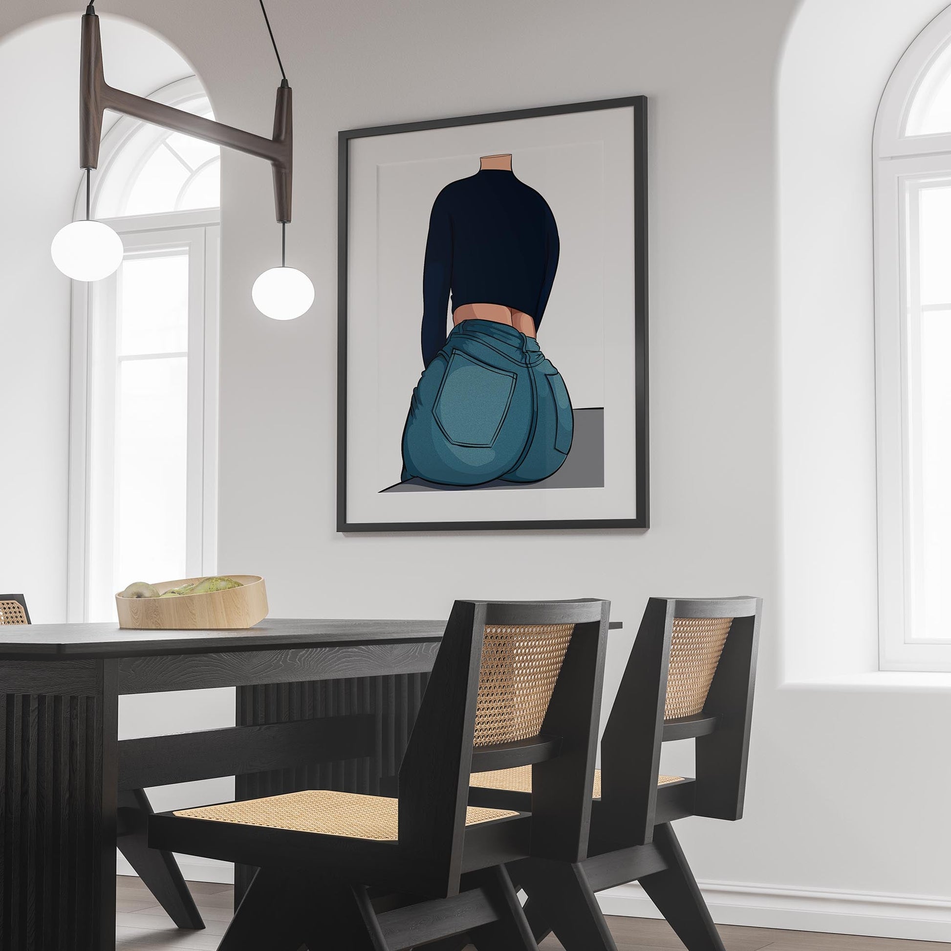 Digital artwork of a character in blue jeans and a dark top, showcasing folds and creases, framed in a modern interior setting.