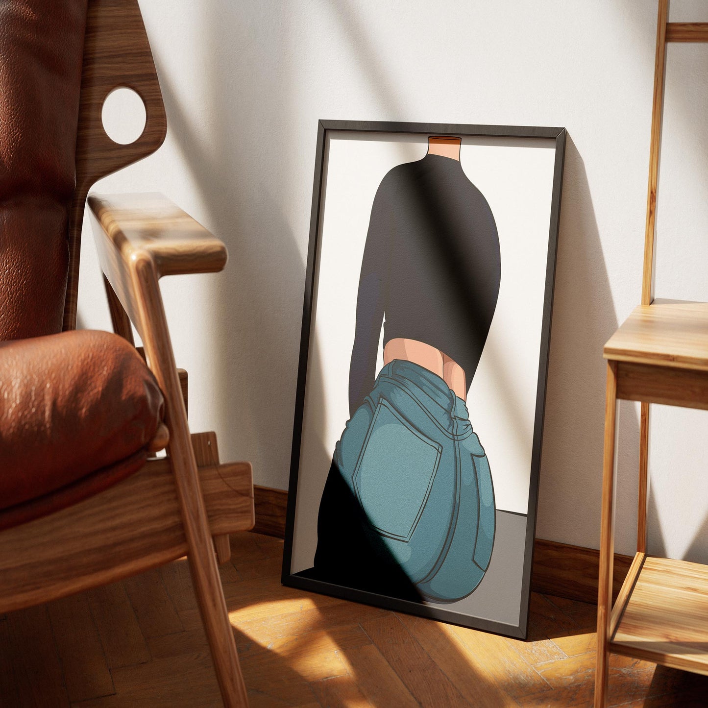 Baked Art - Jeans Denim Model 65 digital illustration in a frame, featuring a character in a dark top and blue jeans, with detailed fabric texture.