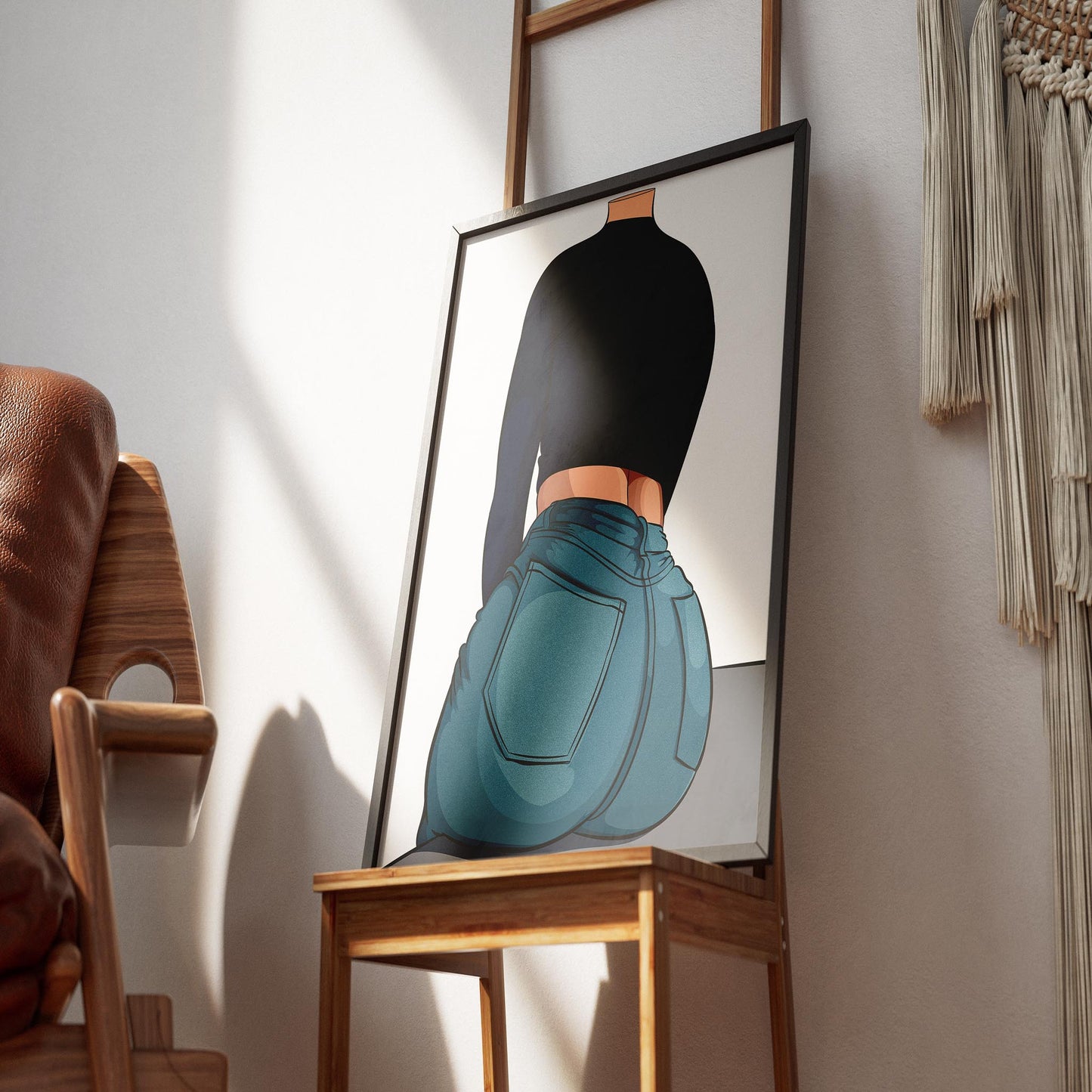 Character in dark top and blue "Baked Art - Jeans Denim Model 65" from back view framed on a stand.