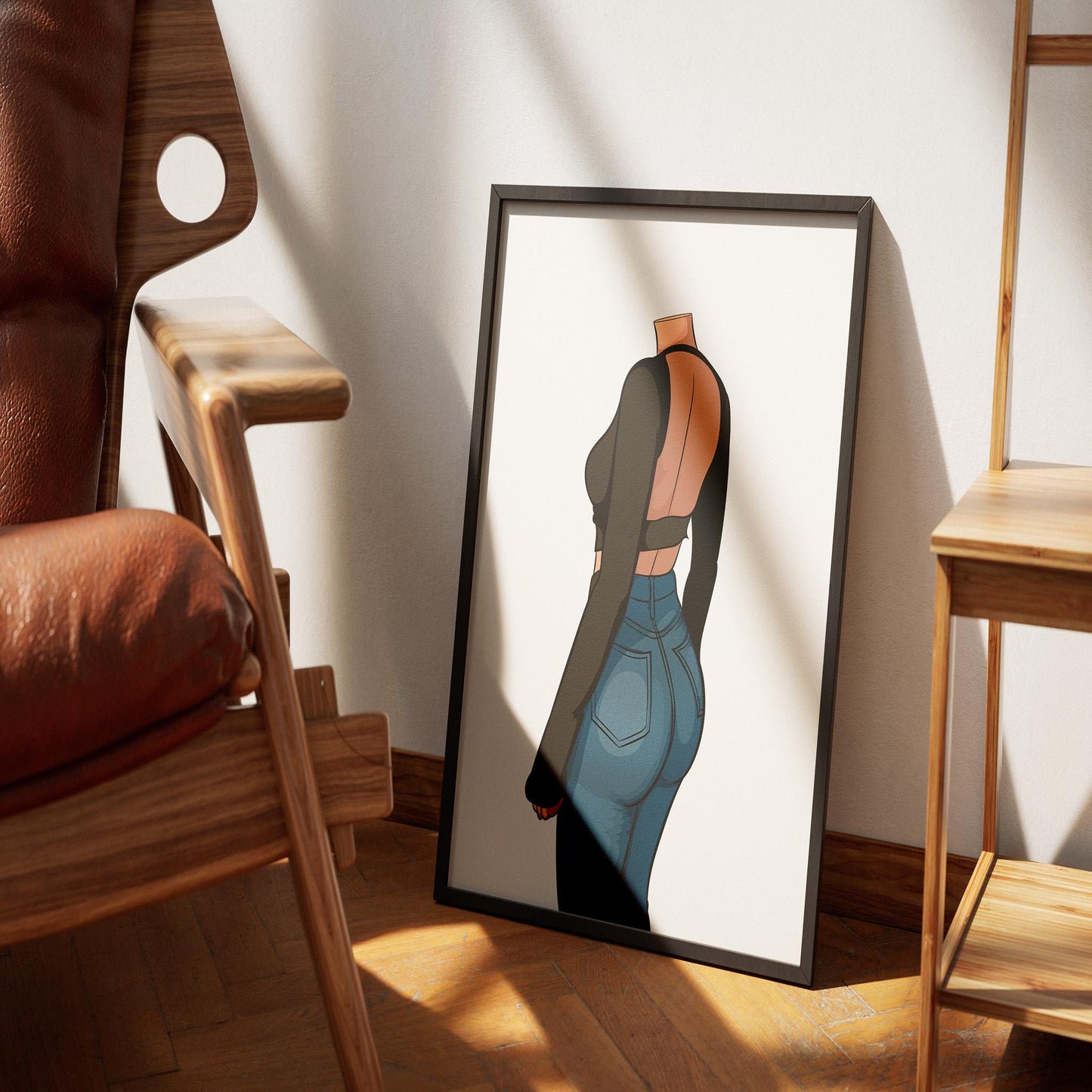 Back angle view of digital art featuring high-waisted blue denim jeans and a black open-back top, titled Baked Art - Jeans Denim Model 66.