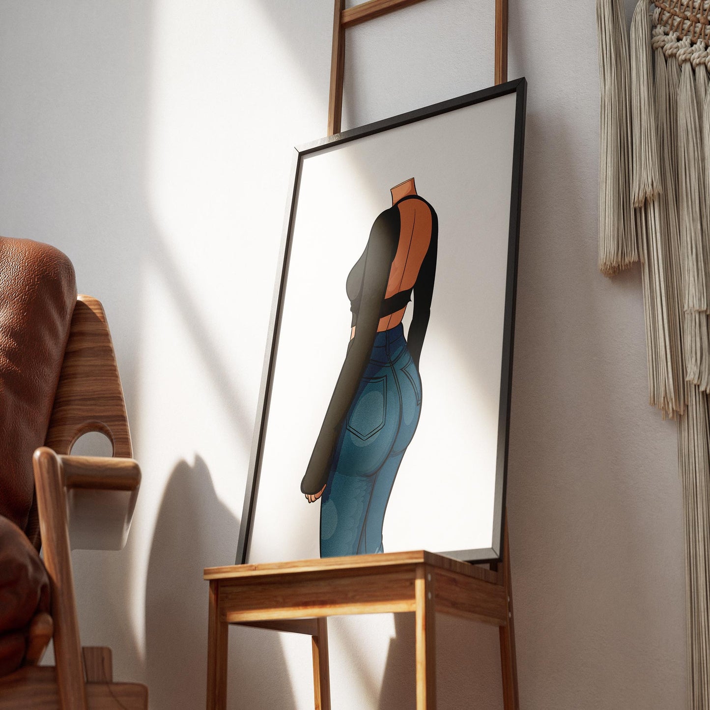 Artwork featuring a back view of a character wearing high-waisted blue jeans and a cropped black top, showcasing intricate denim details.