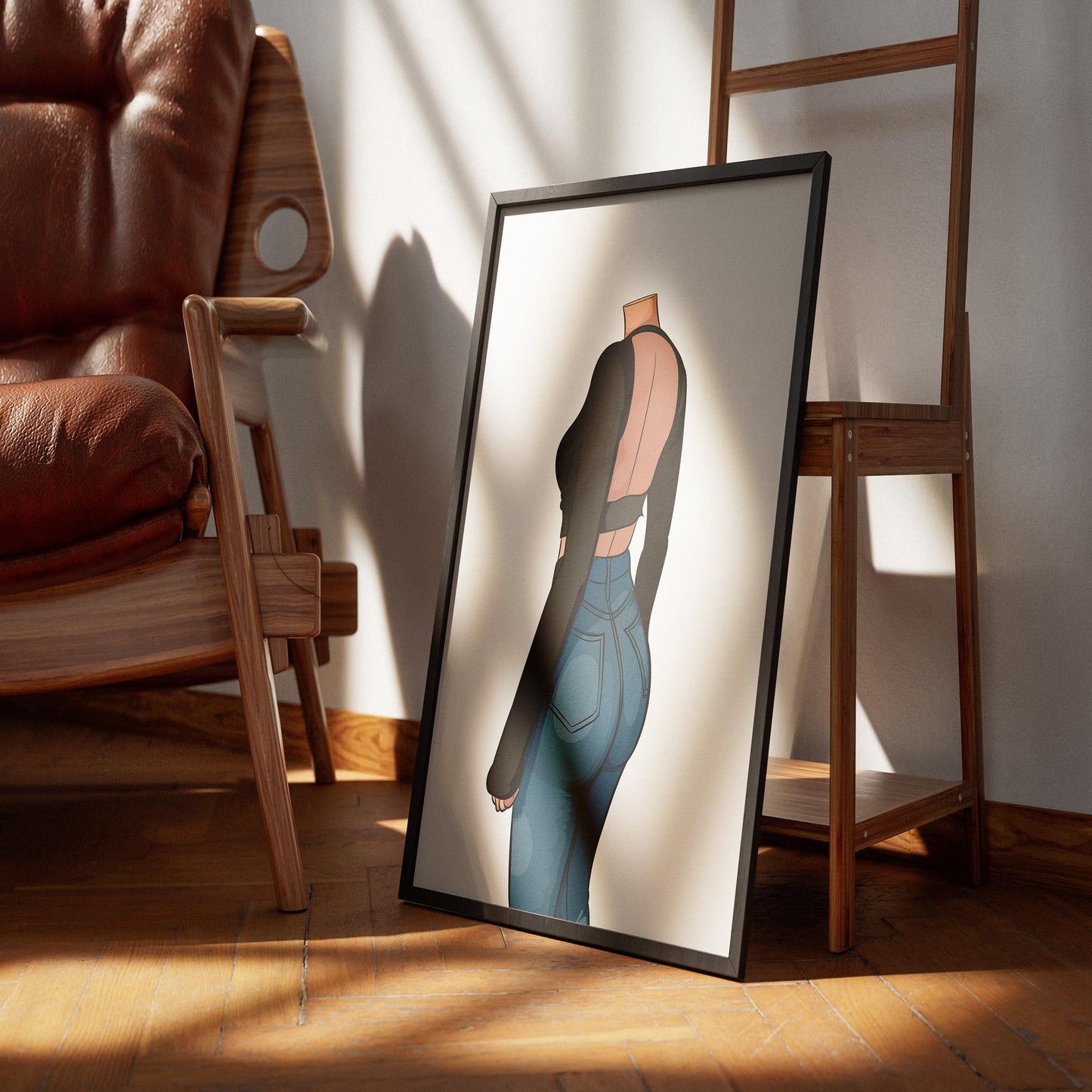 Art piece of a character in high-waisted denim jeans and cropped black top, highlighting jeans texture and detail, Baked Art - Jeans Denim Model 66.
