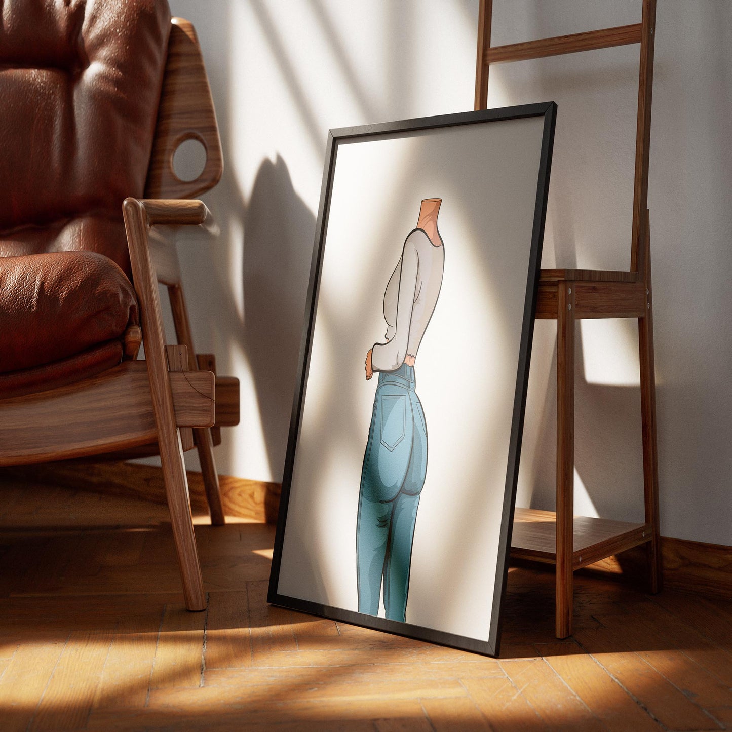 Framed digital artwork of a model wearing Baked Art jeans and a crop top in a side-profile view.