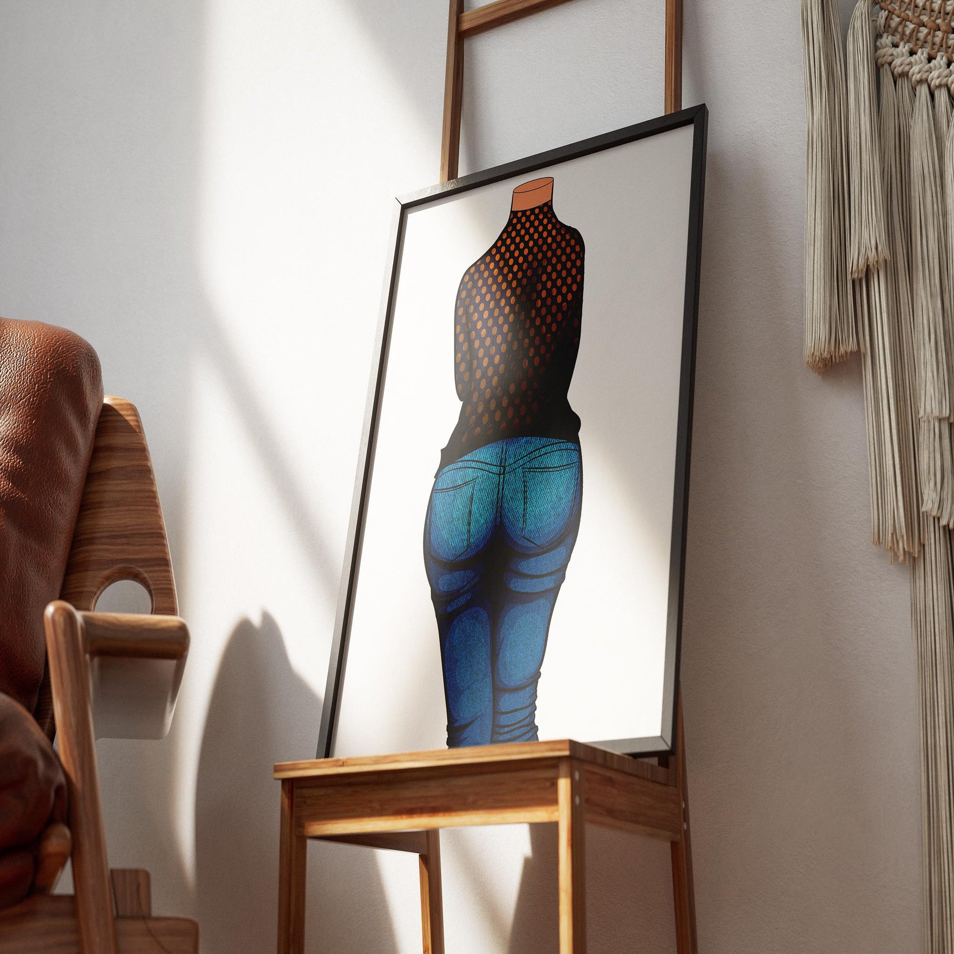 Digital art print featuring Jeans Denim Model 6 with polka dot top, highlighting retro and contemporary fashion contrast.