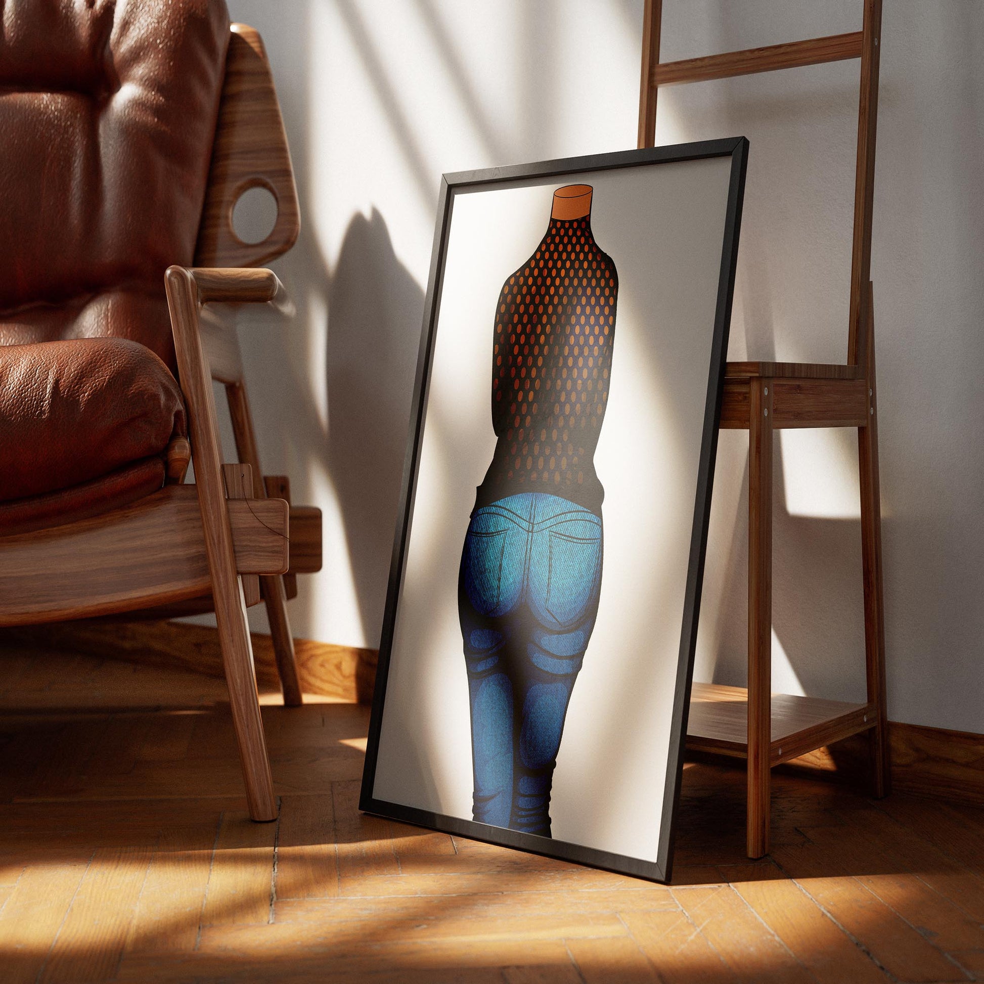 Jeans Denim Model 6 digital art print featuring retro polka dot top and high-waisted jeans in stylish decor setting.