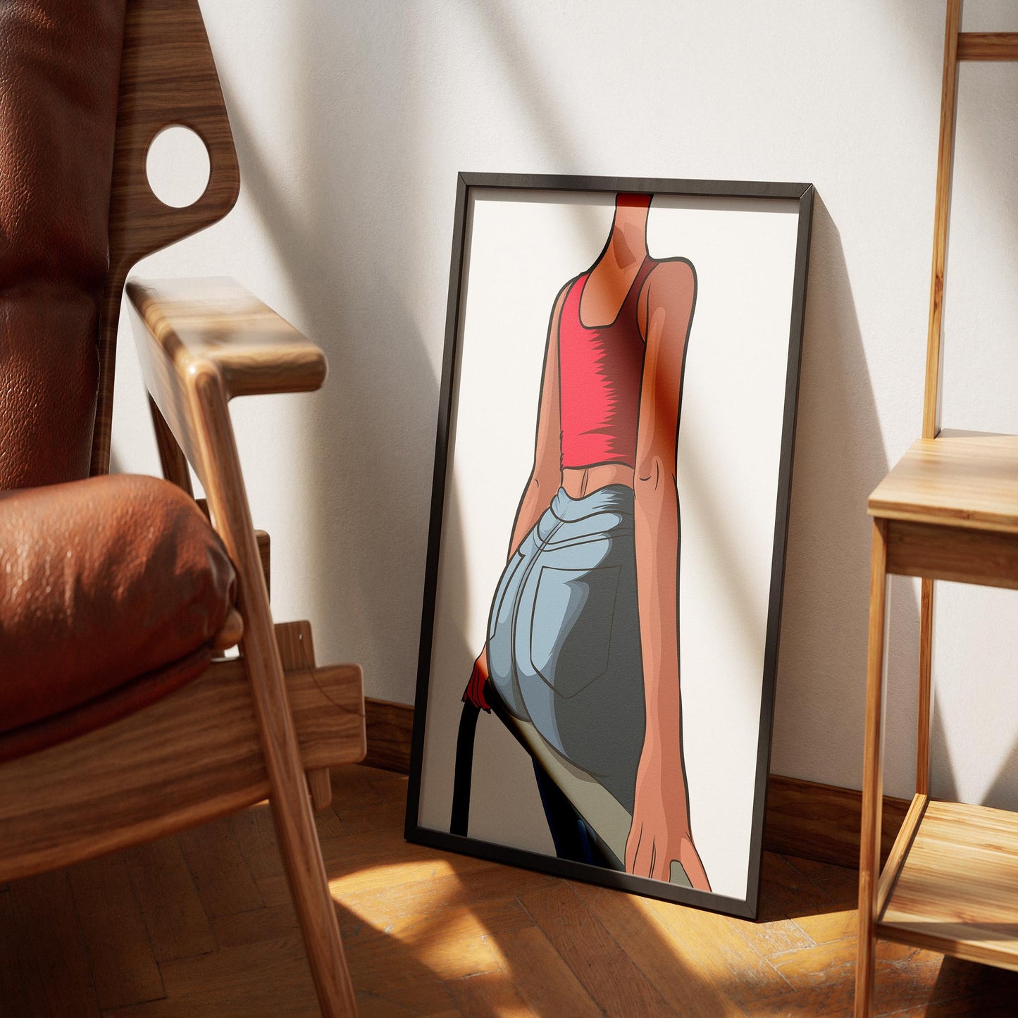 Dynamic artwork of a figure in a red crop top and blue jeans, emphasizing the stylish Baked Art - Jeans Denim Model 73.