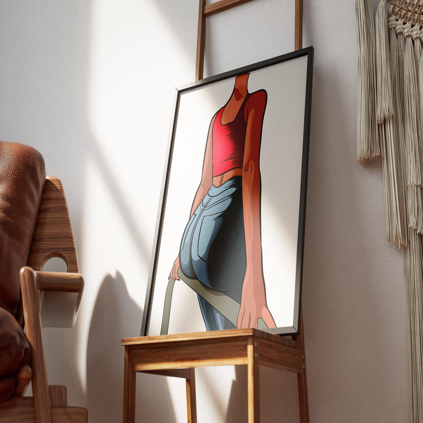 Dynamic figure art in red crop top and blue jeans, showcasing Baked Art - Jeans Denim Model 73.