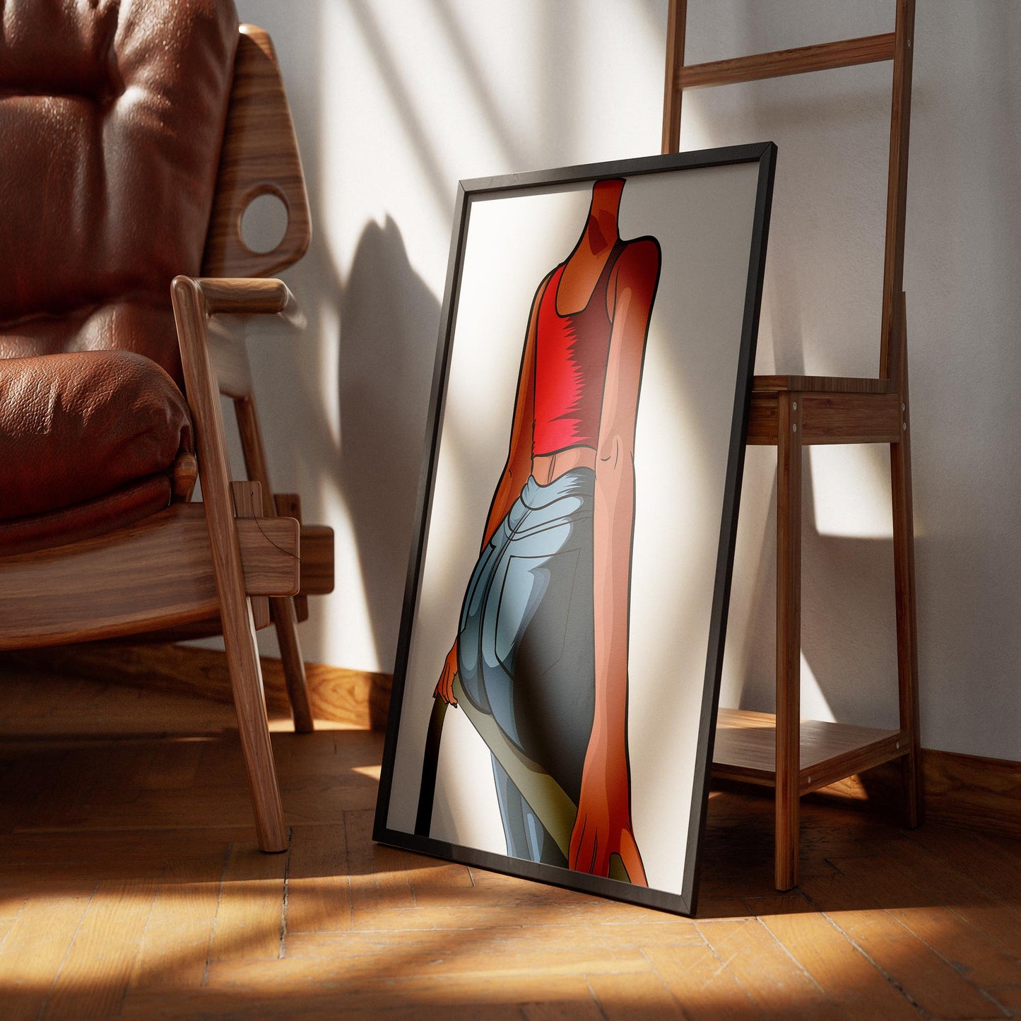 Vibrant digital art of a figure in a red crop top and blue jeans, showcasing Baked Art - Jeans Denim Model 73.