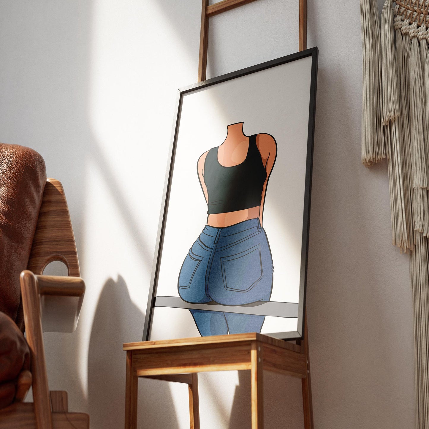 Character illustration in dark crop top and blue jeans on framed artwork.