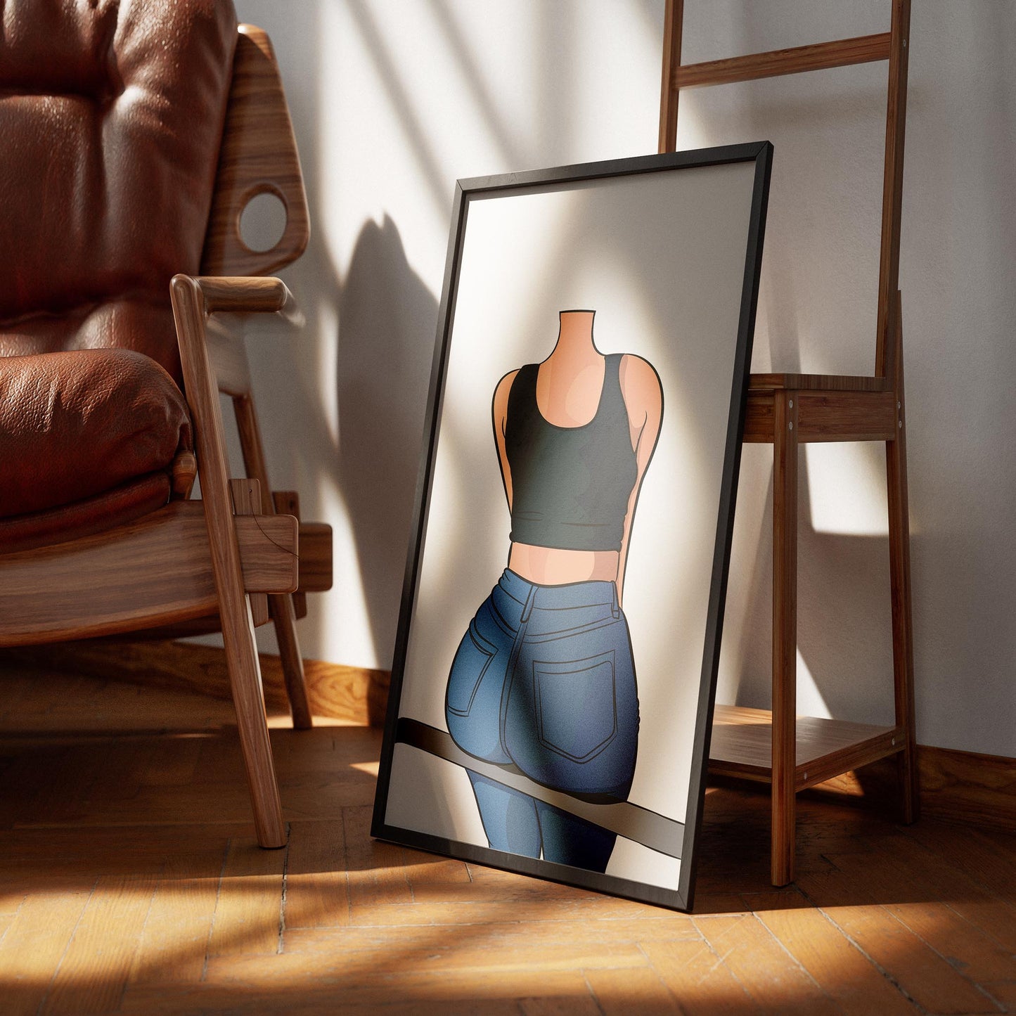 Framed art of Baked Art - Jeans Denim Model 74 featuring character in dark top and blue jeans.
