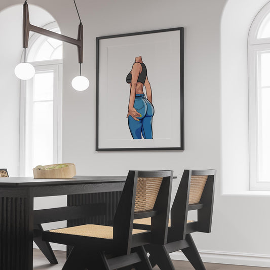 Artwork featuring a figure in Baked Art - Jeans Denim Model 75 with a dynamic posture and vibrant yellow nails.