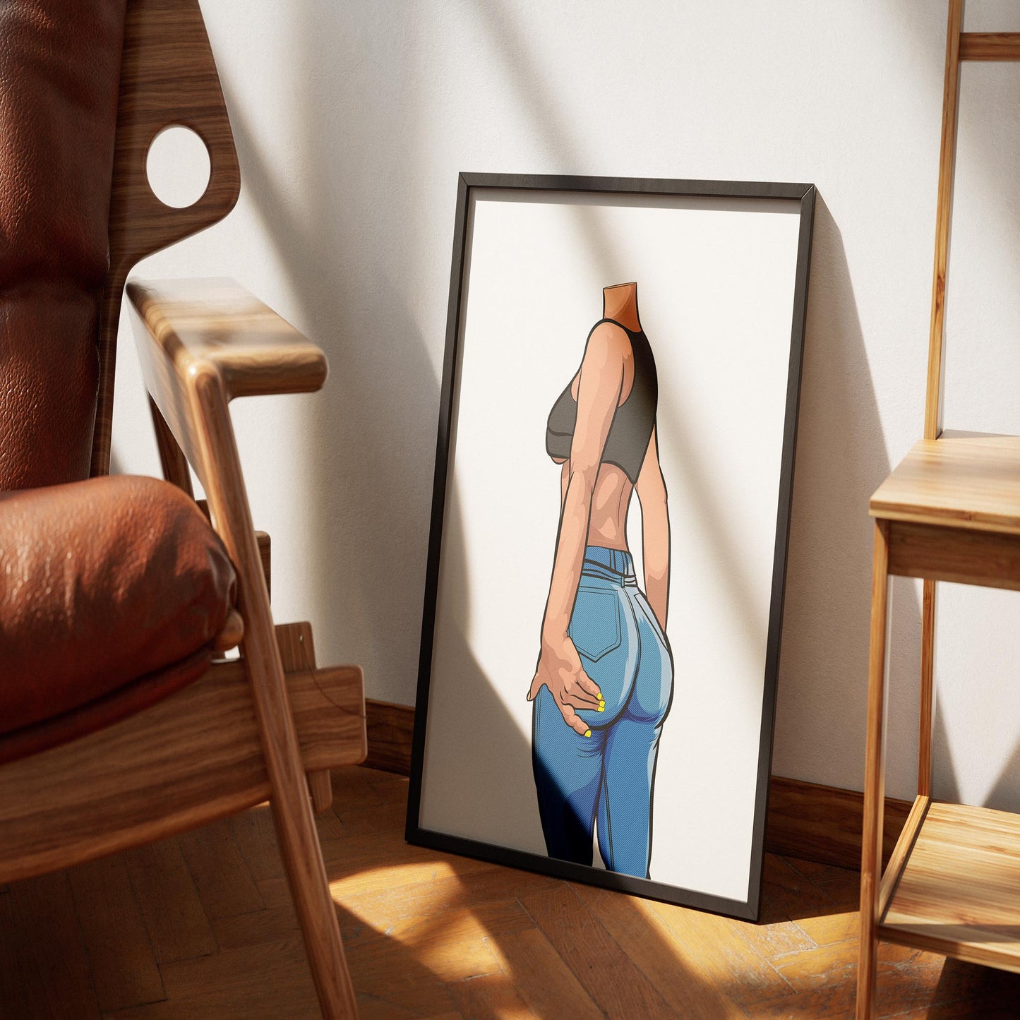 Fitted crop top and denim jeans artwork featuring Baked Art - Jeans Denim Model 75, highlighting dynamic posture with bright yellow nails.