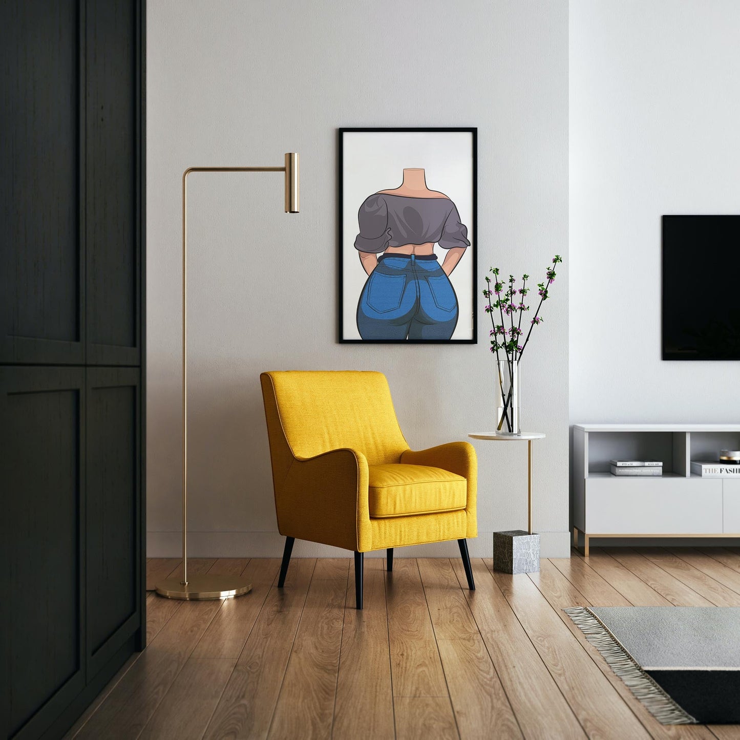 Illustration of a character wearing Baked Art - Jeans Denim Model 76 in a modern living room display.