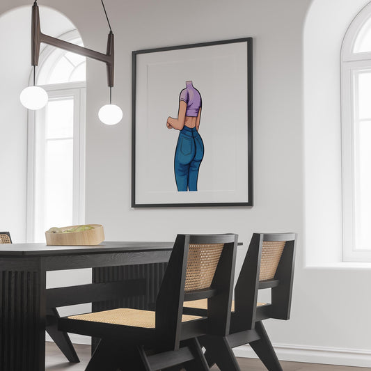 Framed digital art of high-waisted denim jeans with a purple cropped top.