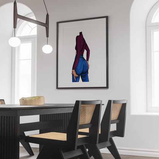 Framed artwork of Baked Art - Jeans Denim Model 79, featuring a figure in blue jeans and maroon top, displayed in modern dining room.