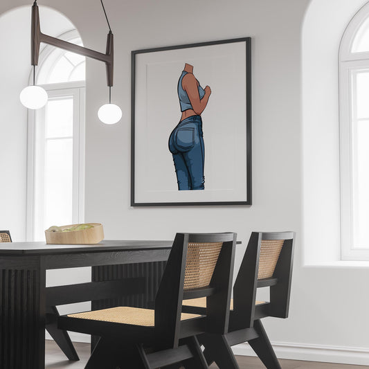 Framed pop art digital print of high-waisted jeans in modern dining room.