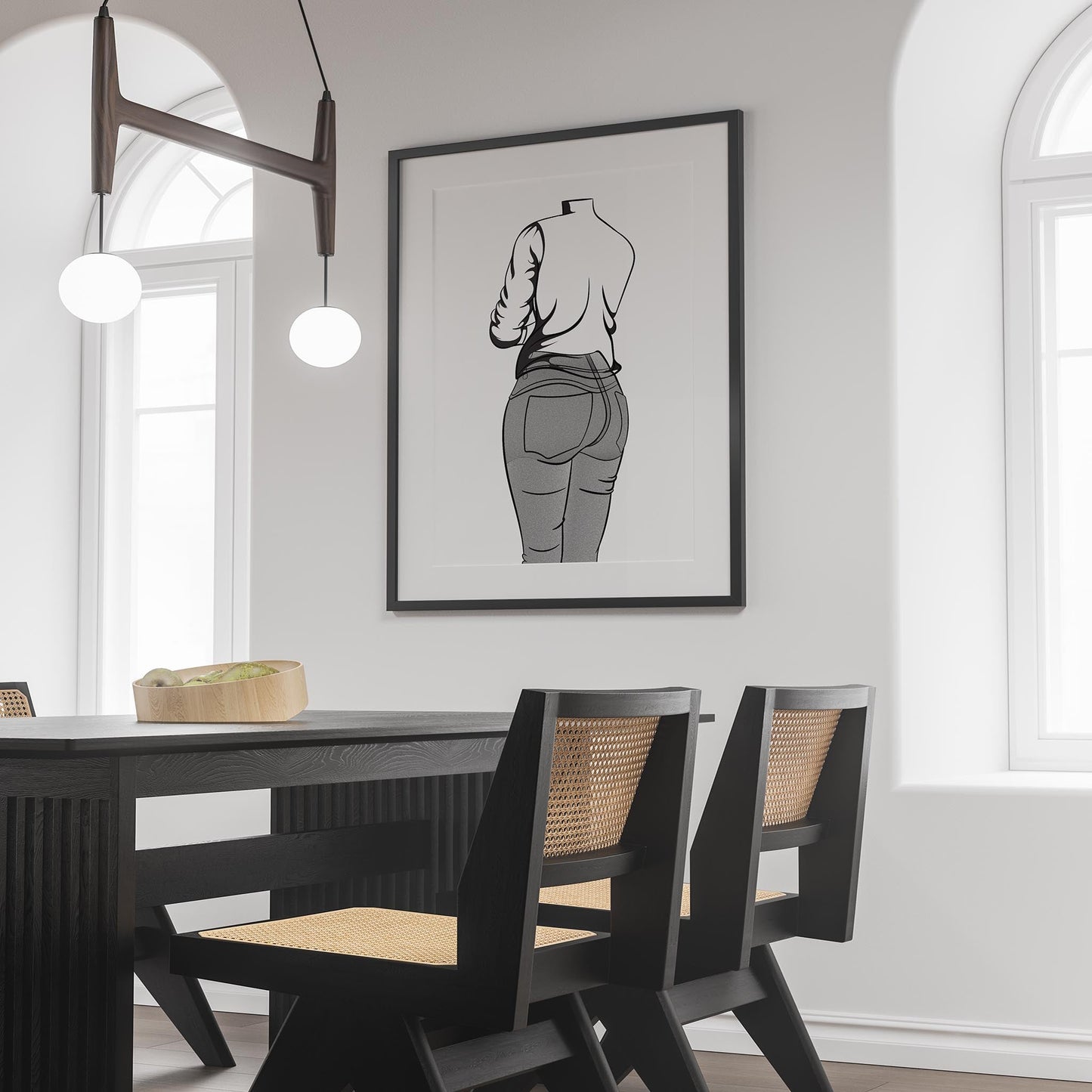 Line art of jeans denim model displayed in a modern dining room setting.