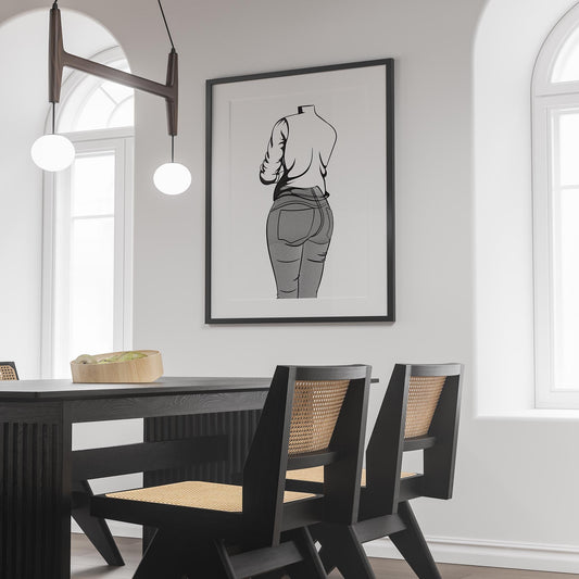 Line art of jeans denim model displayed in a modern dining room setting.