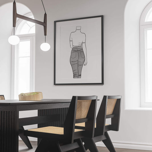 Digital line art of figure wearing jeans denim, displayed in modern room setting.