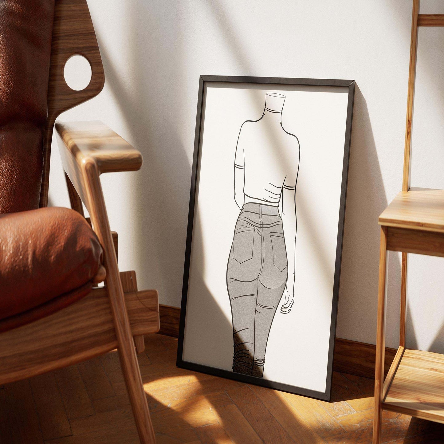 Line art of a figure in denim jeans, styled for modern decor.