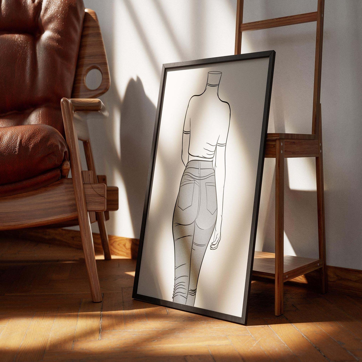 Digital line art of a figure in jeans denim, modern pop art style.