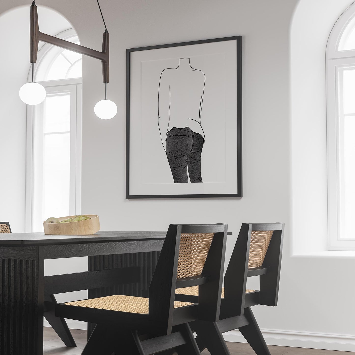 Line art illustration of jeans denim model, framed in a minimalist dining room with natural lighting.