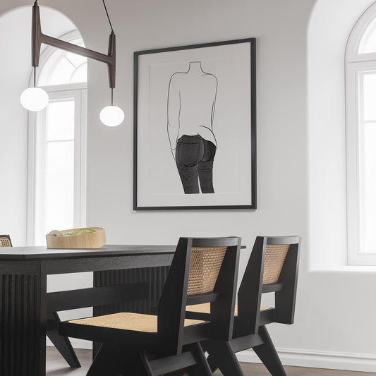 Line art illustration of jeans denim model, framed in a minimalist dining room with natural lighting.