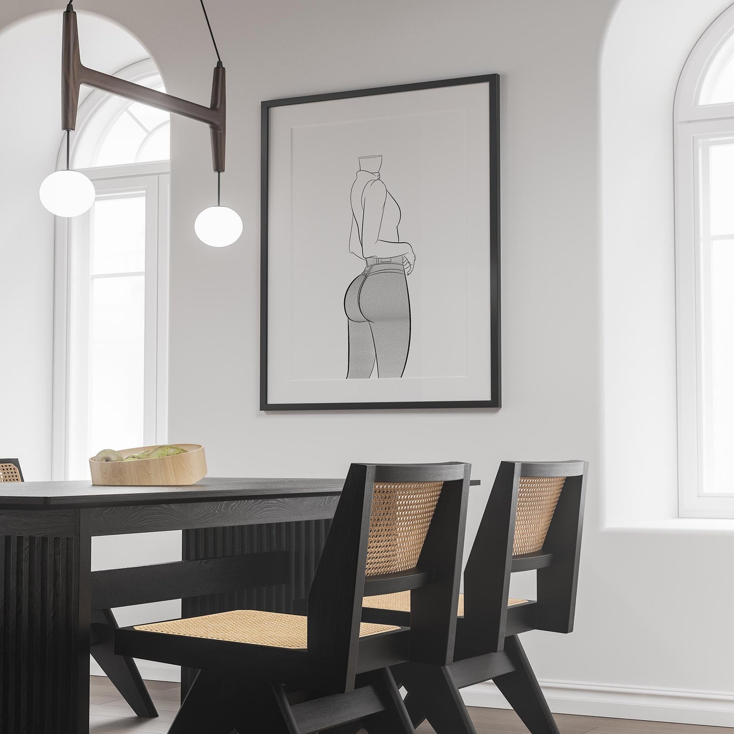 Line art of fitted denim design in a modern dining room setting.