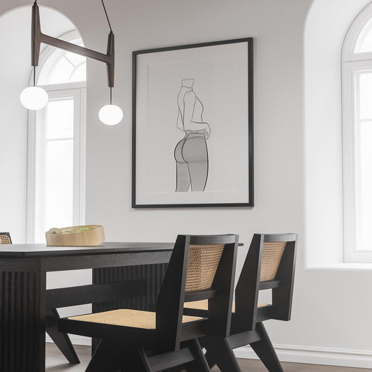 Line art of fitted denim design in a modern dining room setting.