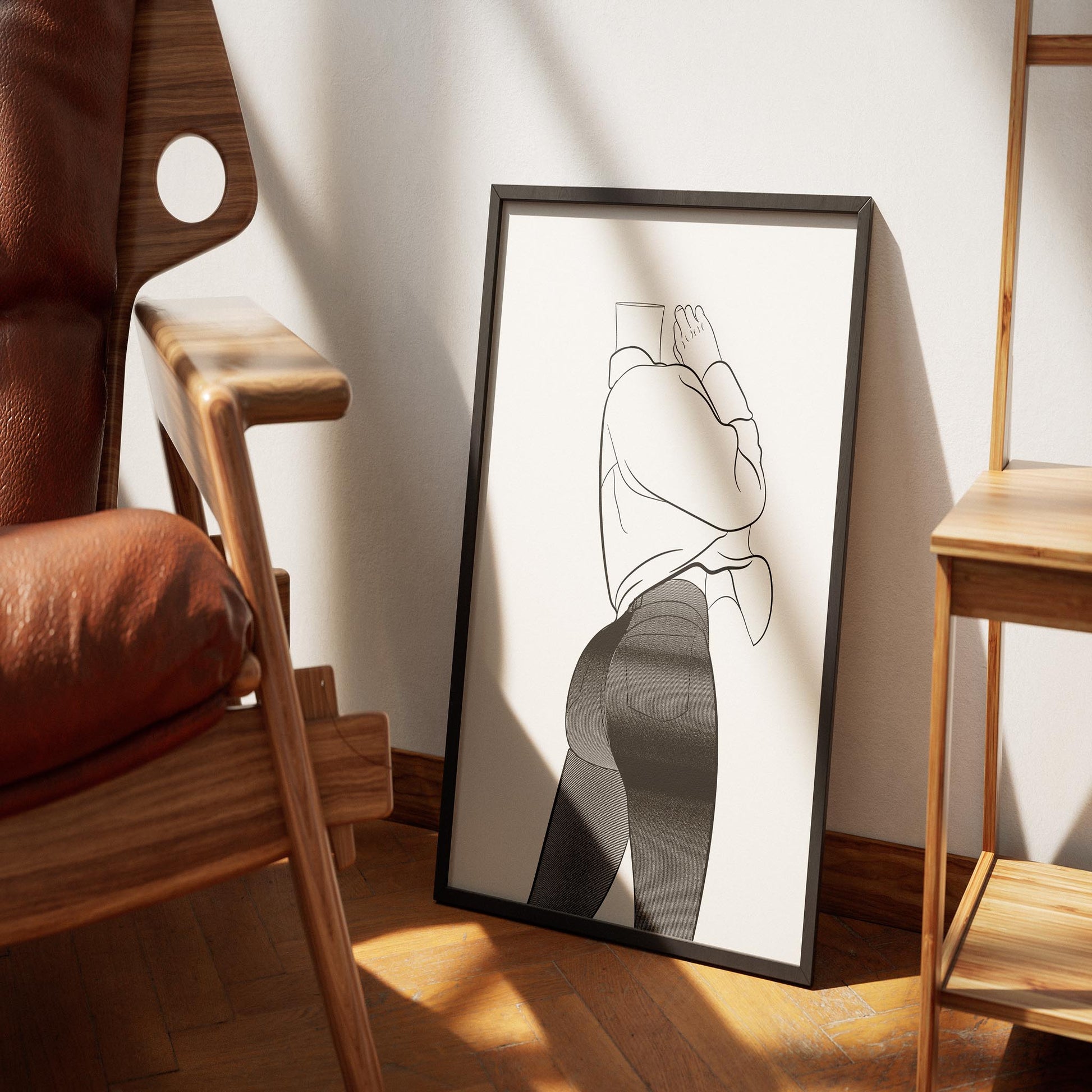 Digital line art showcasing 'Jeans Denim - Line Model Art 23', highlighting modern high-waist denim with a sleek aesthetic in a framed artwork.