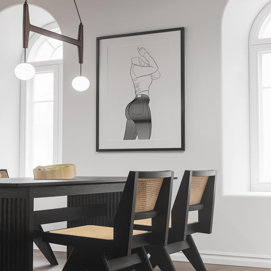Line art of Jeans Denim Model 24 displayed in a modern dining room setting.