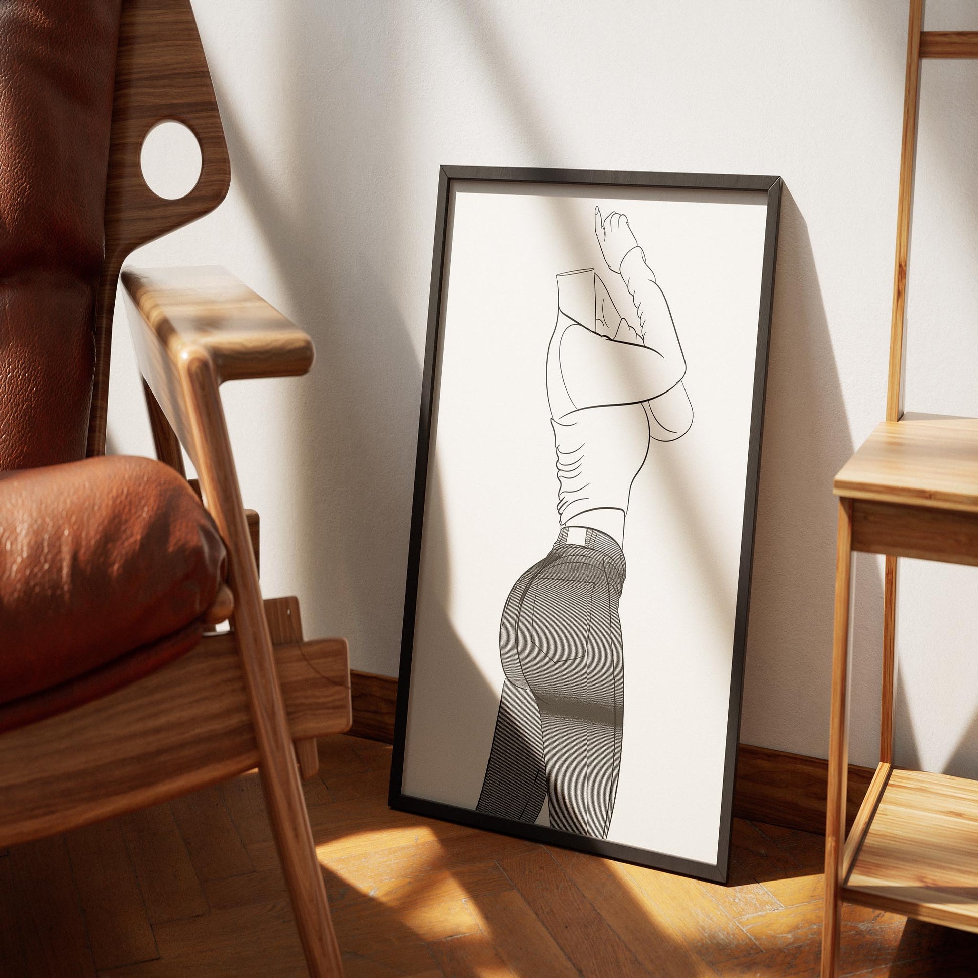 Framed digital illustration of stylish denim jeans, showcasing texture and shading, leaning against a wall in a cozy room setting.