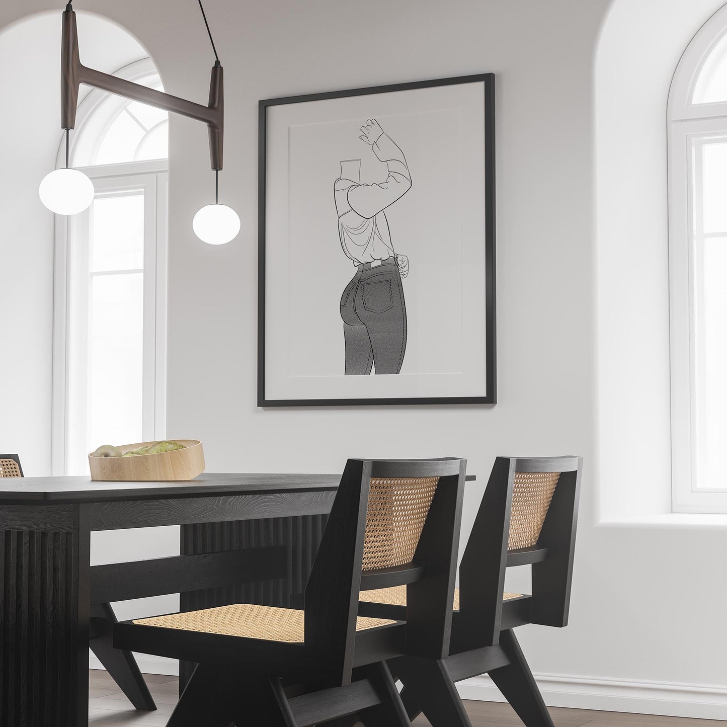 Wall art featuring line drawing of a character in jeans, highlighting the fabric's texture and flexibility, titled "Jeans Denim - Line Model Art 27".