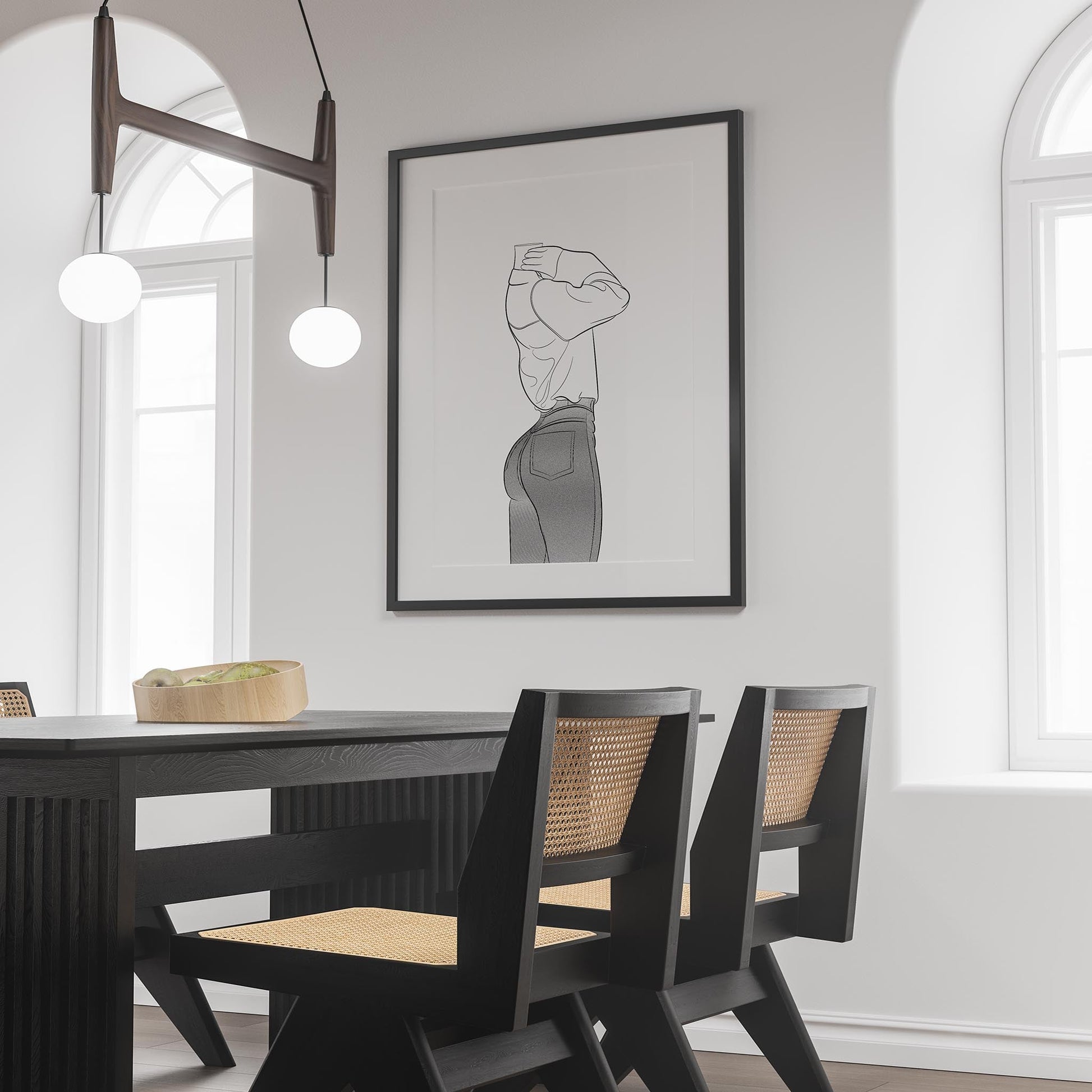 Line art illustration of a character in fitted denim jeans and loose sweatshirt, Jeans Denim - Line Model Art 28, framed on a wall in a modern dining room.