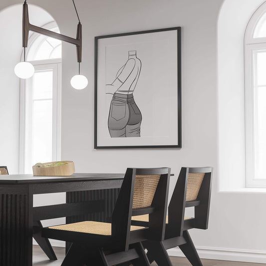 Digital line art of jeans denim model on framed artwork in modern dining room.