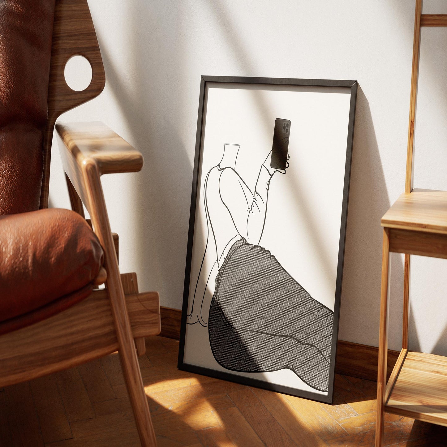 Digitalized line art illustration of a relaxed character in deep blue denim jeans holding a smartphone, featuring detailed fabric texture and modern lifestyle vibe.