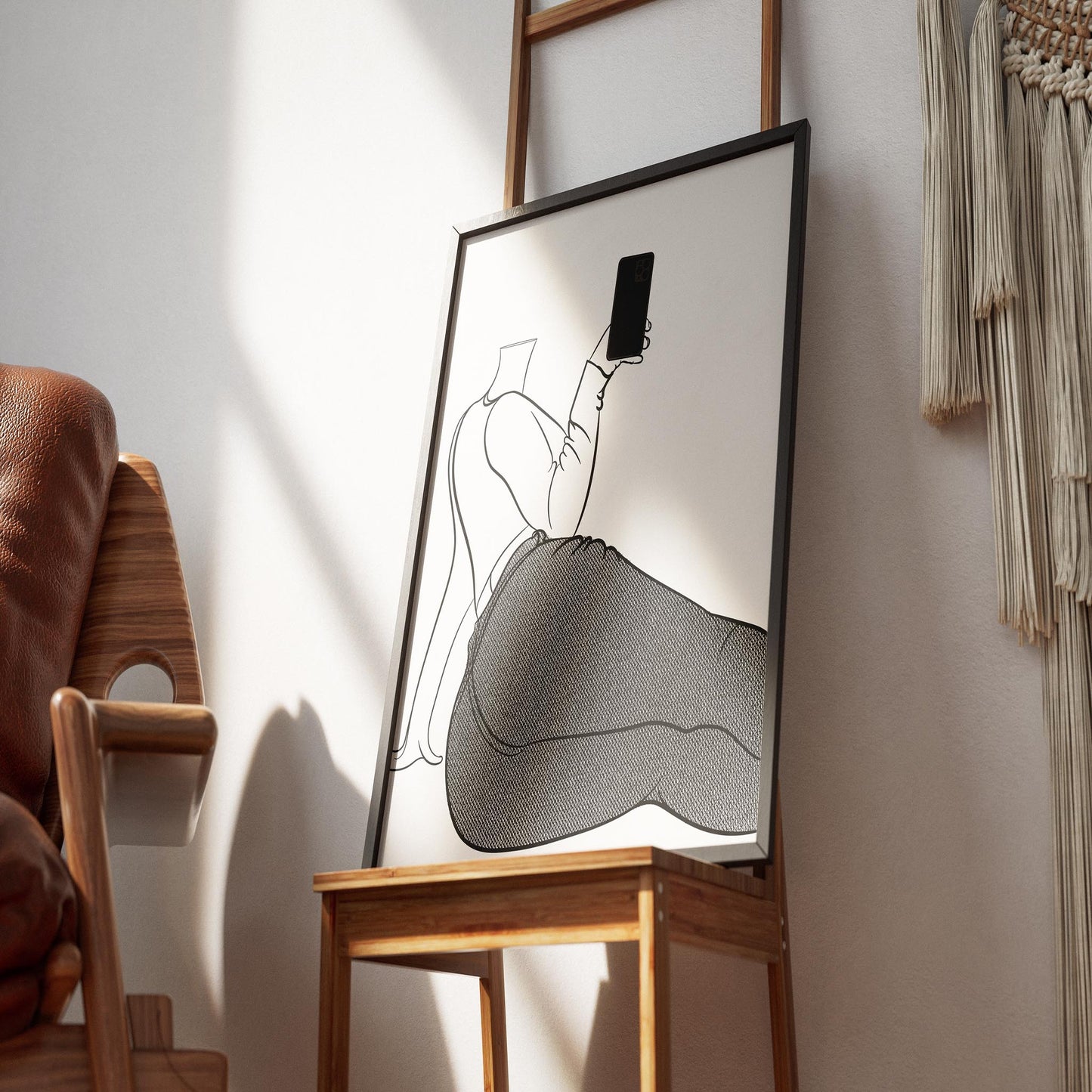 Line art illustration of denim jeans character lounging with smartphone, Jeans Denim - Line Model Art 30.