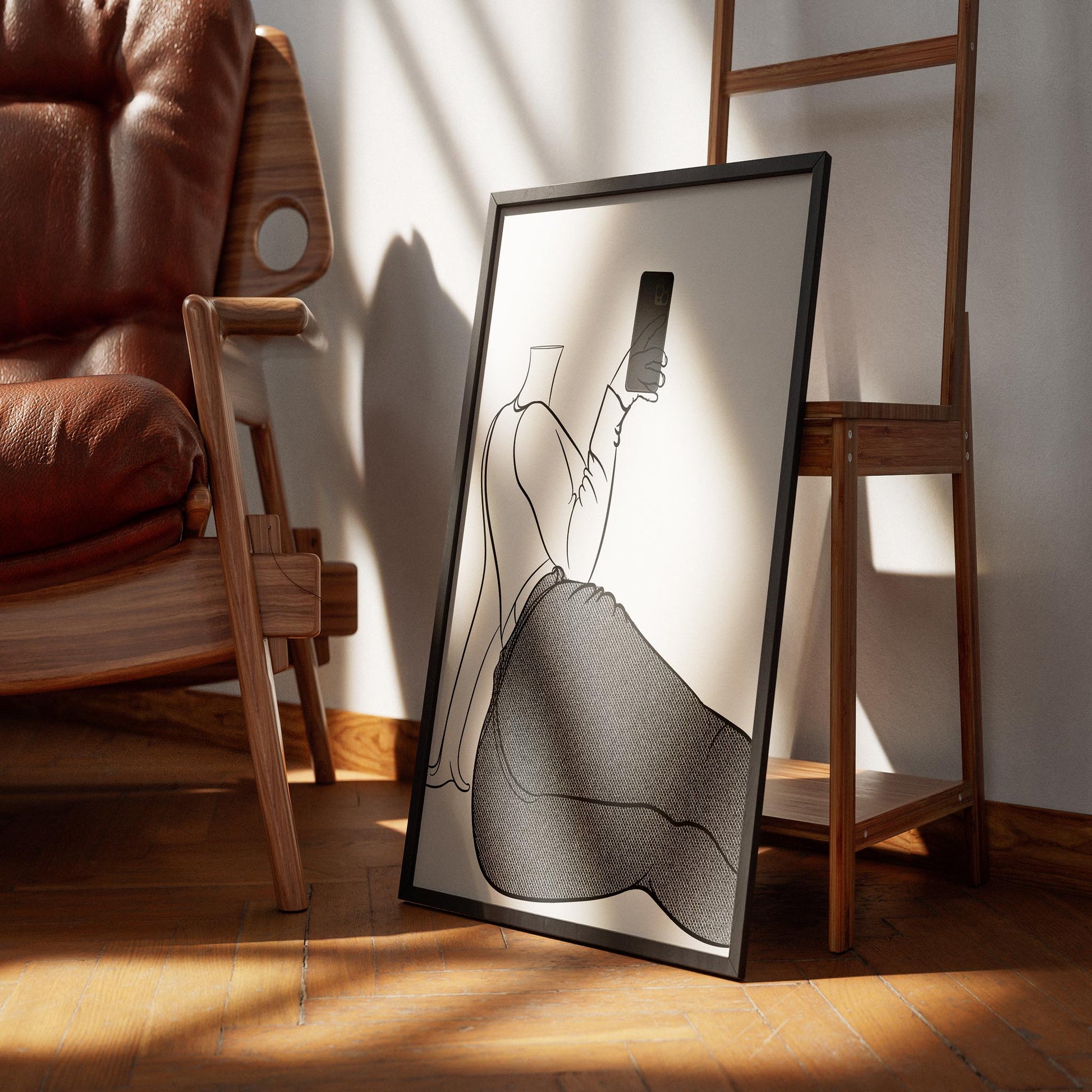 Jeans Denim - Line Model Art 30 illustration featuring a reclining character holding a smartphone, emphasizing detailed denim and lifestyle elegance.