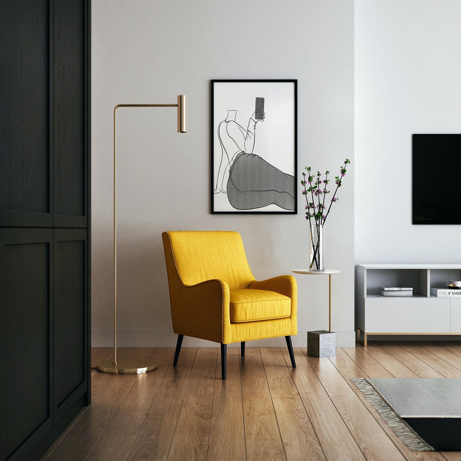 Jeans Denim Model 30 line art illustration in stylish modern living room setting.