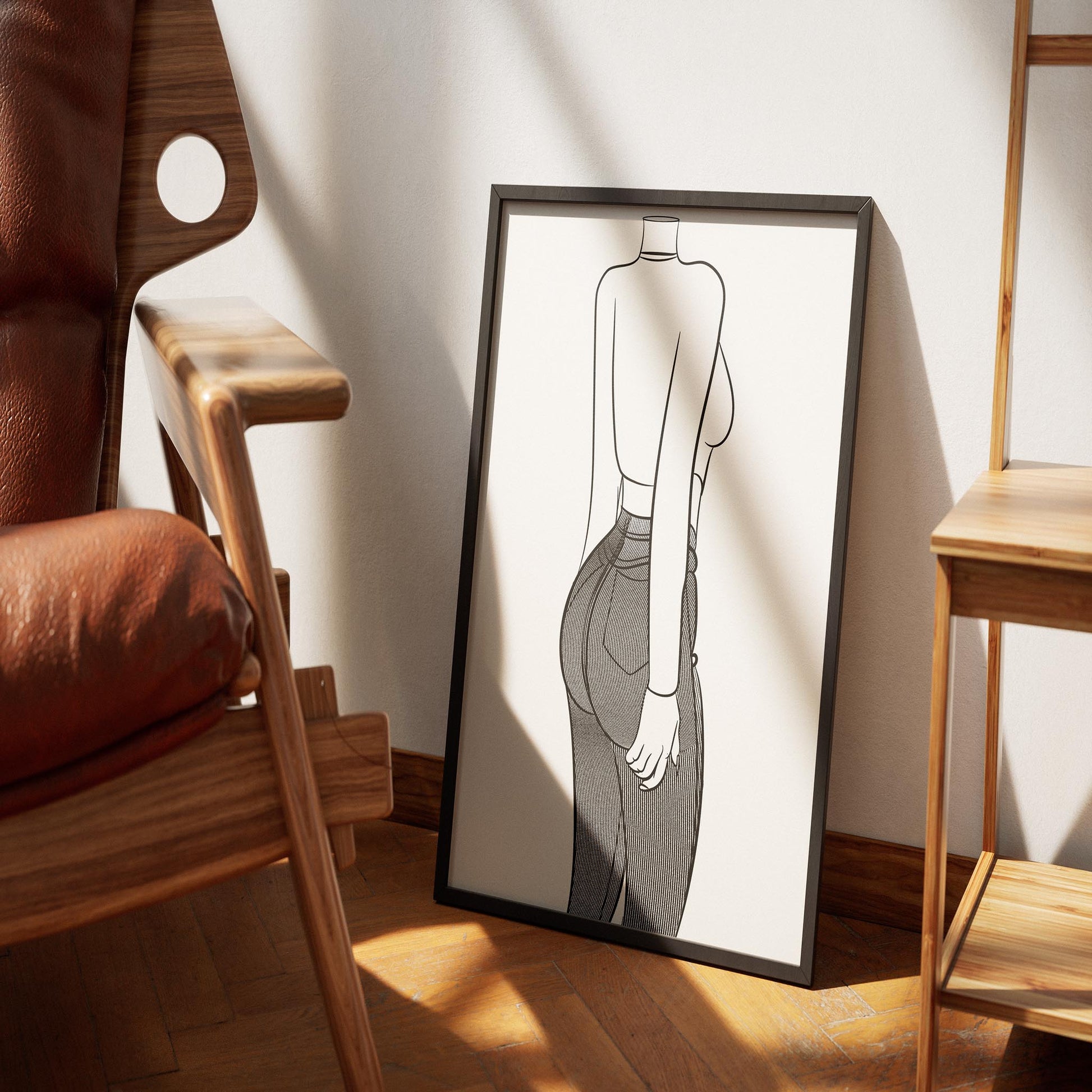 Line art illustration of Jeans Denim Model 33 in a modern silhouette, framed against a wooden interior setting.