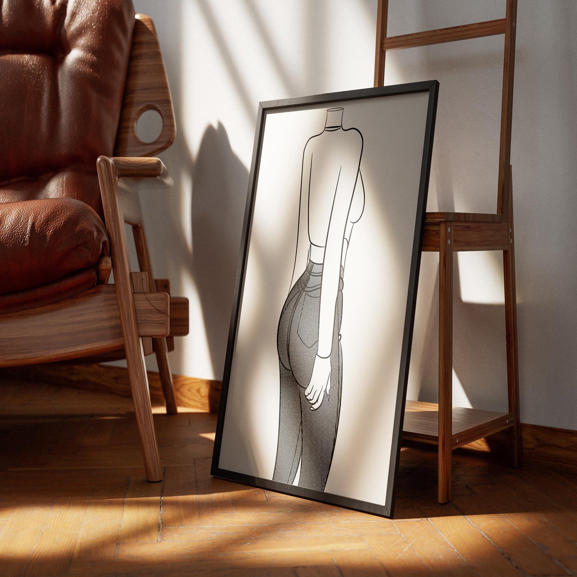 Line Art Jeans Denim Model 33 digital illustration framed on floor in cozy room setting.
